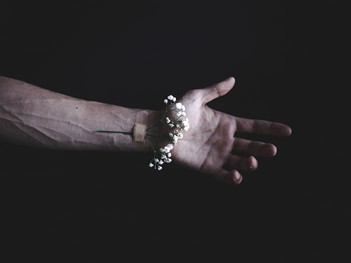 A dark and moody conceptual photo of a flower bandaged to a persons wrist 