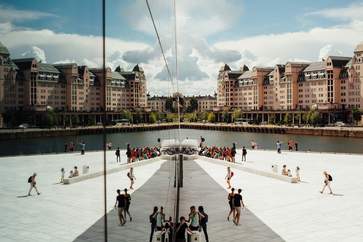 A building reflection showing a city scene as a way of framing photography shots