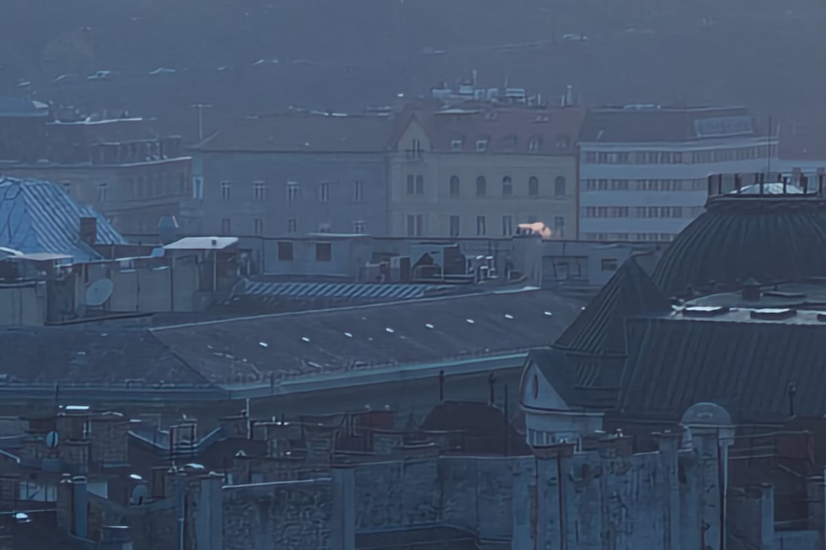 Sharpened zoomed-in image of city buildings