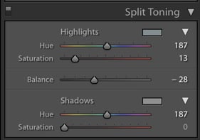 A screenshot of using split toning in Lightroom