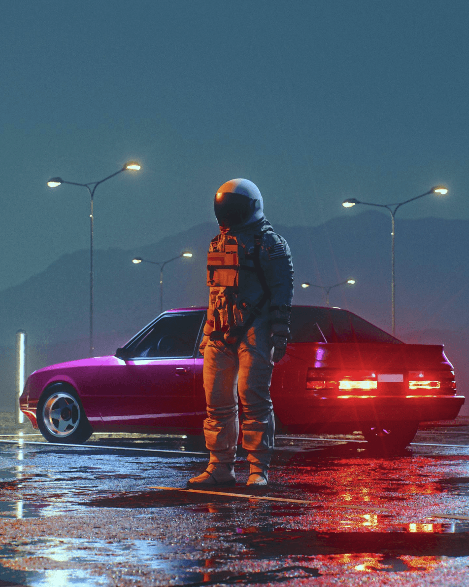 An astronaut standing in front of a car in a parking lot at night
