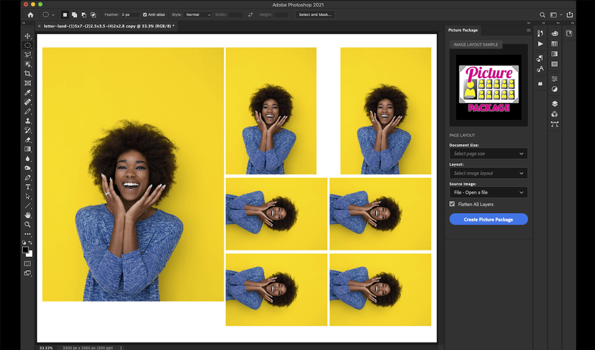 screenshot of a picture of a woman repeated 7 times on a single document on photoshop