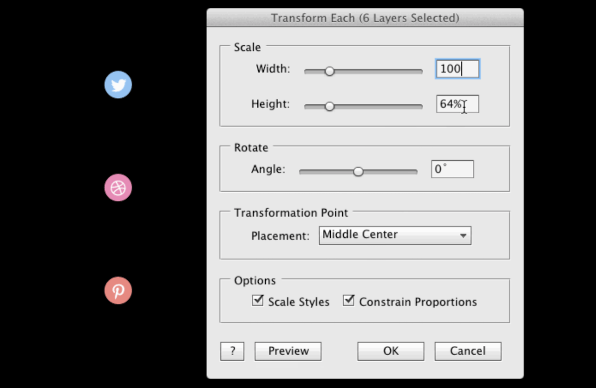 screenshot of transform each photoshop plugin